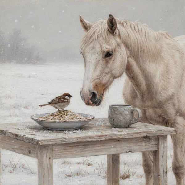Haver in de Sneeuw – schilderij paard met wintervogel