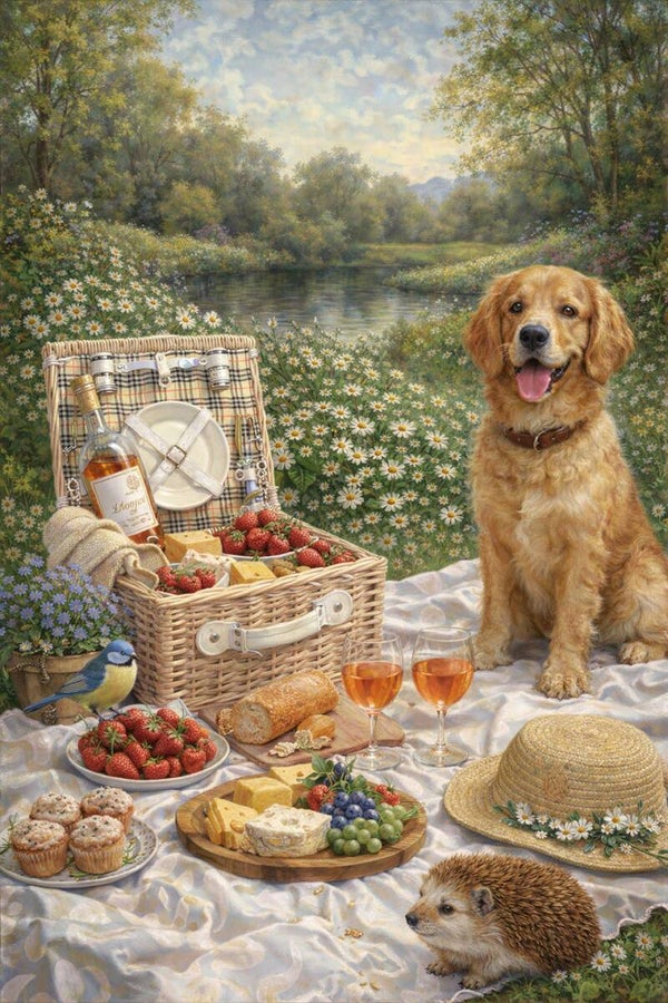 Picknick in Bloei – schilderij hond natuur bloemen