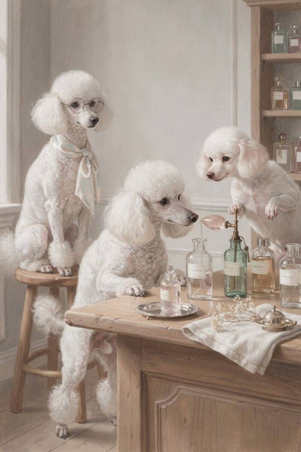Parfumtafel – Schilderij met drie poedels en vintage parfumflacons