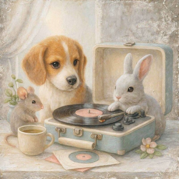 Melodie & Pootjes – schilderij puppy, konijn en muis met platenspeler