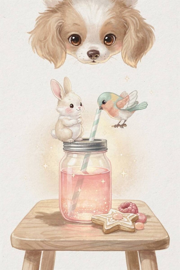 Zoete pauze – puppy met konijntje en limonade kinderkamer schilderij
