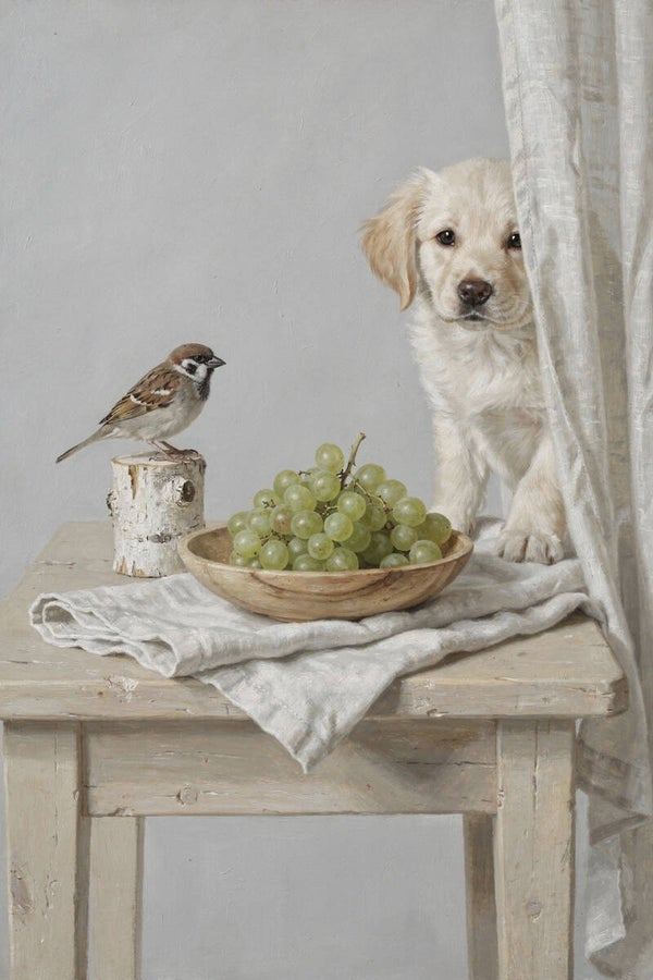 Achter het gordijn – schilderij met puppy, mus en druiven in landelijke woonstijl