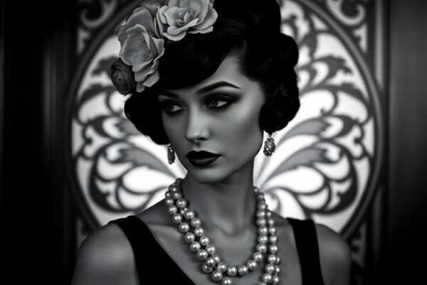 Retro Pearl Goddess – vrouw portret in zwart-wit