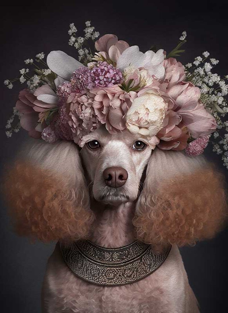 Fluwelen Kroon – schilderij op hout met roze poedel en bloemen