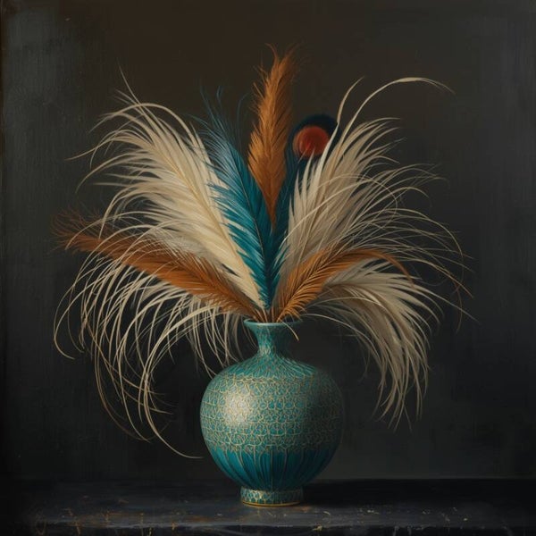 Pluimenpracht – schilderij met turquoise vaas en sierveren