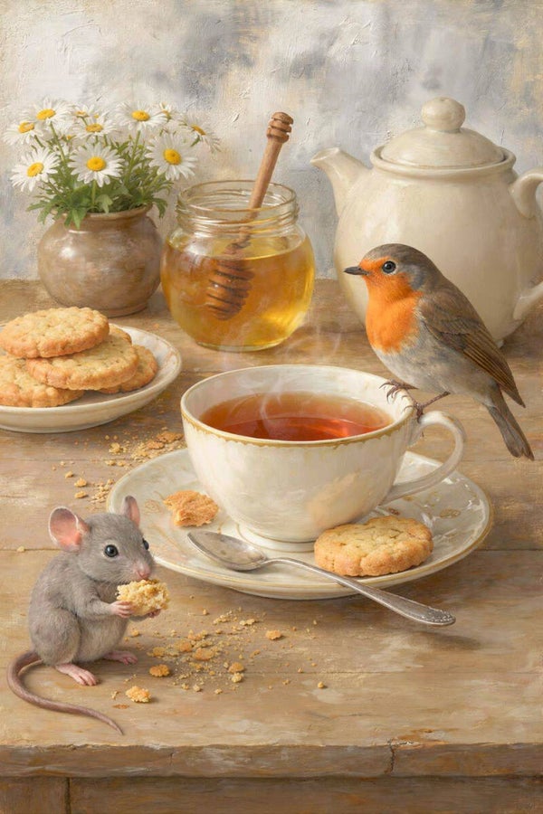Een Moment van Honinglicht – schilderij vogel muis keuken tafereel