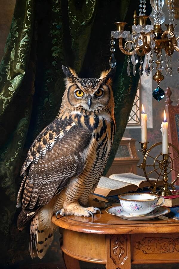 Wachter van de Wijsheid – schilderij uil aan tafel in klassiek interieur