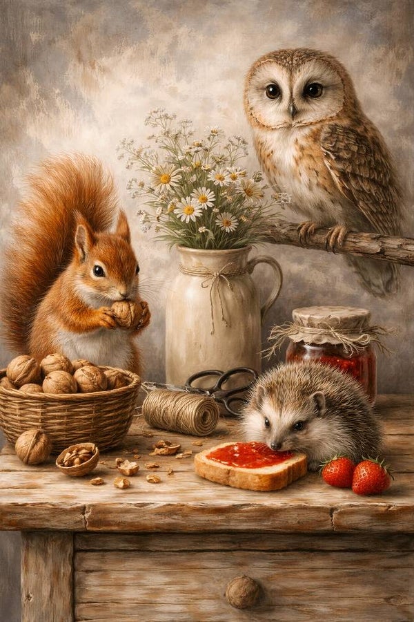 Bosontbijt – schilderij met uil, eekhoorn en egel