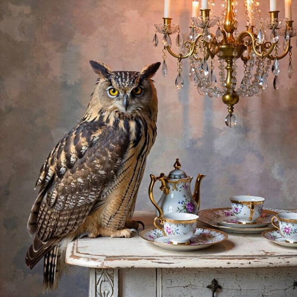 Theesalon der Stilte – schilderij uil met porselein en kristal