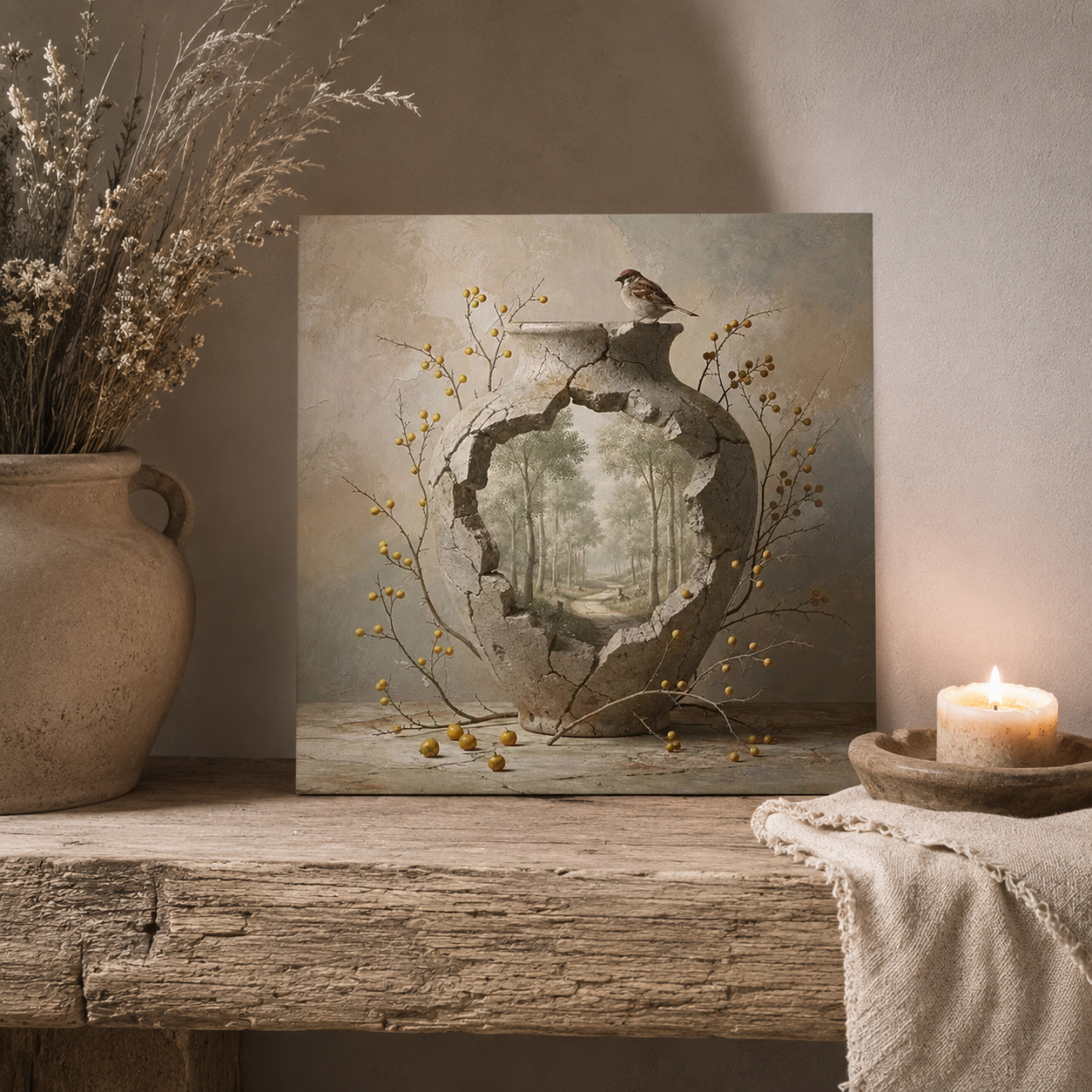 Gebroken Doorkijk – schilderij vaas met landschap en vogel, landelijk kunstwerk