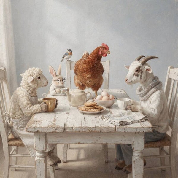 Boerderijontbijt – Schilderij Dieren aan Tafel – Wit & Crème – Nostalgisch Kunstwerk