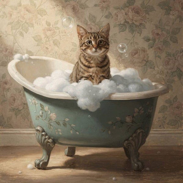 Bubbelbad Avontuur – Schilderij Kat in Badkuip