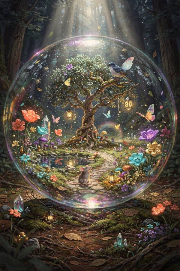 Lichtbol van verwondering – schilderij fantasiebos met levensboom, muis en vogel met vlindervleugels