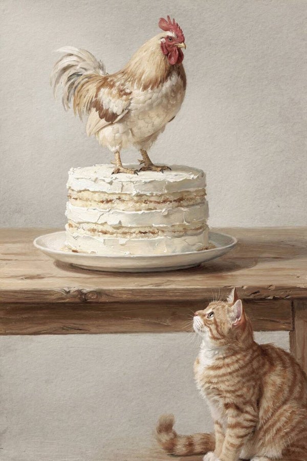 De Taartwachter – Schilderij met haan op taart en kat eronder