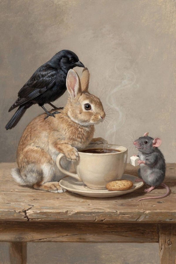 Koffietijd met Vrienden – Schilderij konijn, muis en vogel in zachte landelijke stijl