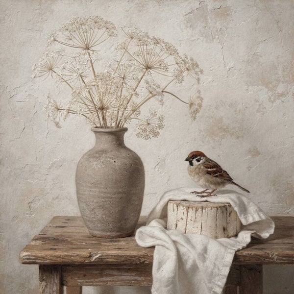 Schilderij Mus bij Keramieken Vaas & Gedroogde Berenklauw – Beige & Naturel – Landelijk Stilleven