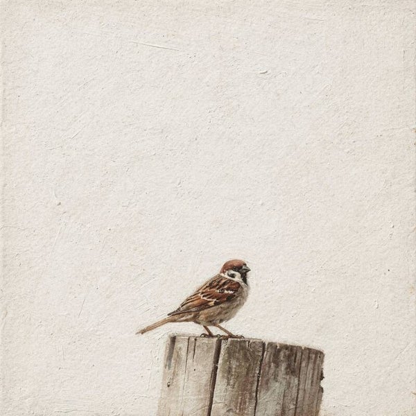 Schilderij Mus op Houten Paal – Minimalistisch & Rustiek – Landelijke Wanddecoratie