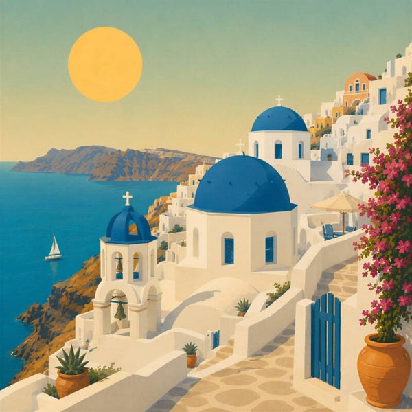 Santorini bij Zonsondergang – Griekse kerk, witte huizen en zeezicht