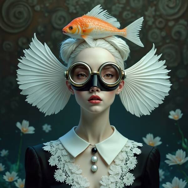 Schilderij vrouw met vis en bril – Surrealistische portretkunst