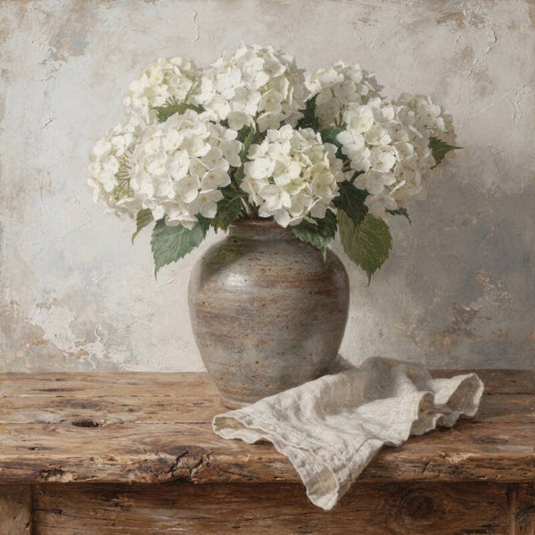 Schilderij Witte Hortensia's in Keramieken Vaas – Rustiek Hout – Landelijk Bloemenschilderij
