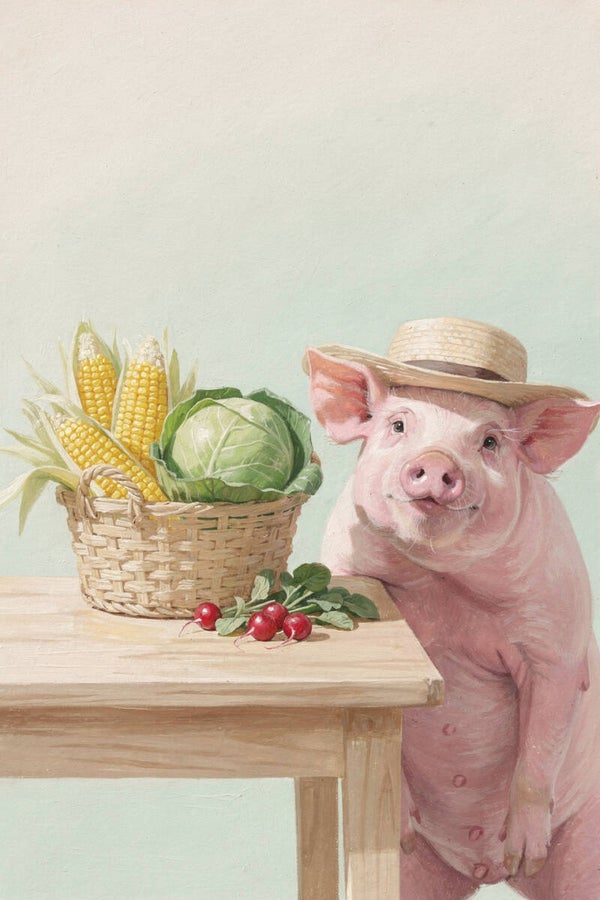 Aan de Oogsttafel – schilderij met varken en groenten in landelijke setting