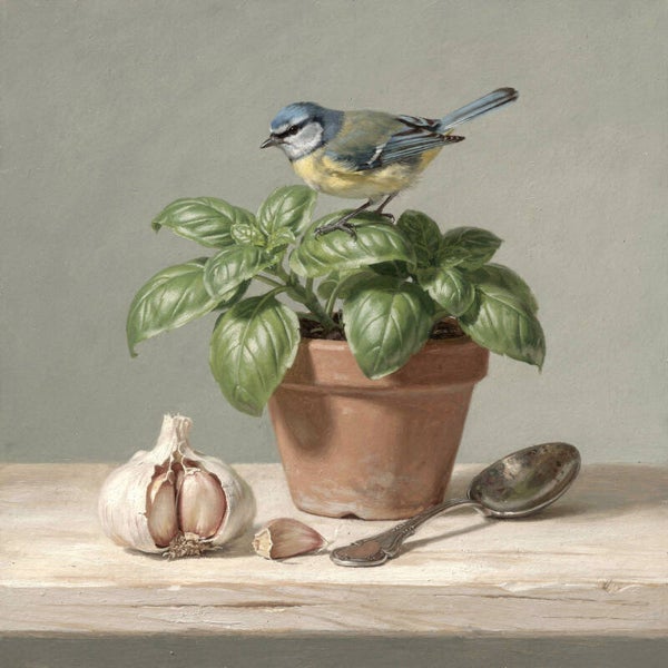 Stil Basilicum – schilderij met vogel op kruid in landelijke setting