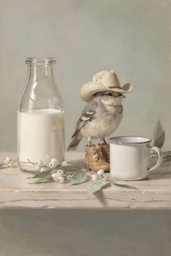 Kleine Cowboy – Schilderij met vogel in hoed en laarsjes bij melkfles