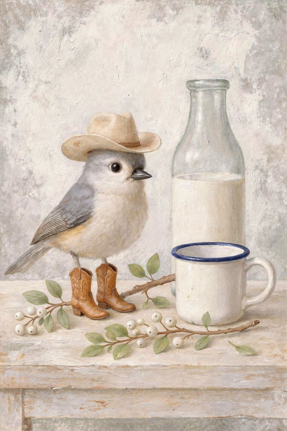 Melk & Laarsjes – vogel schilderij in landelijke keukensfeer