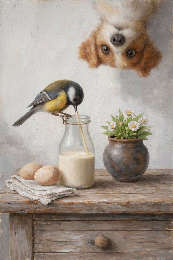 Nieuwsgierige Keukengasten – schilderij vogel, hond en melkfles met eieren