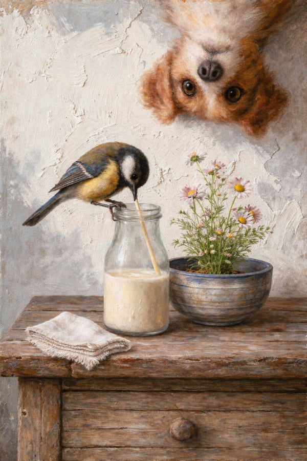 Nieuwsgierige Ochtend – schilderij vogel, hond en melkfles met bloemen