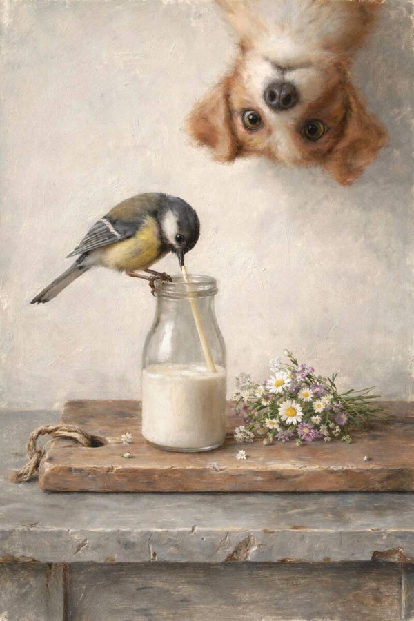 Omgekeerde Blik – schilderij vogel, hond en melkfles met bloemen