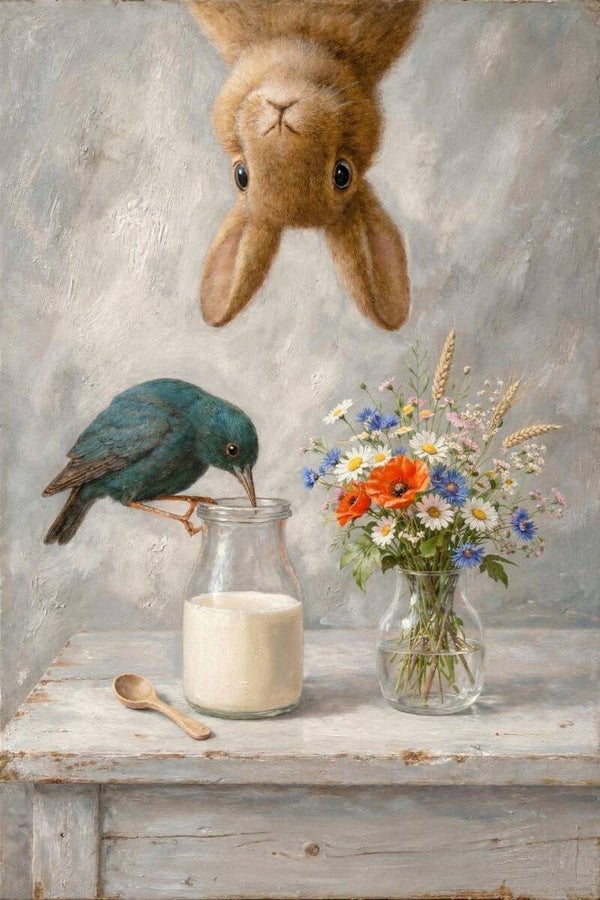 De nieuwsgierige melkrovers – schilderij konijn en vogel bij melkkan