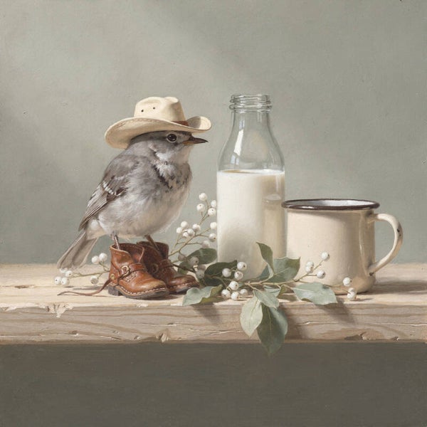 Kleine Cowboy aan de Rand – schilderij met vogel in hoed in landelijke setting