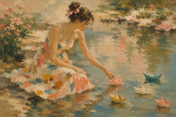 Papieren Bootjes – schilderij vrouw aan het water