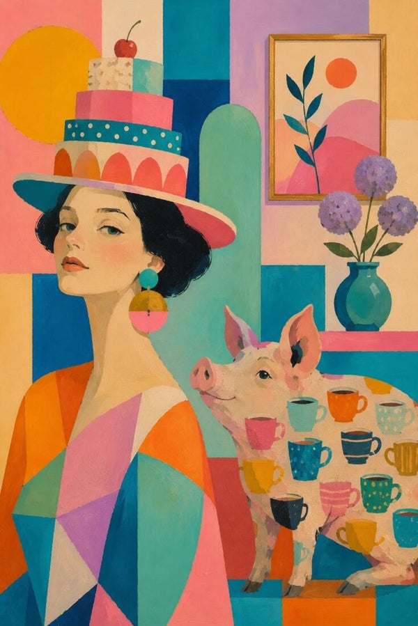 Taarthoed en Theekopjes – kleurrijk schilderij met vrouw en varken
