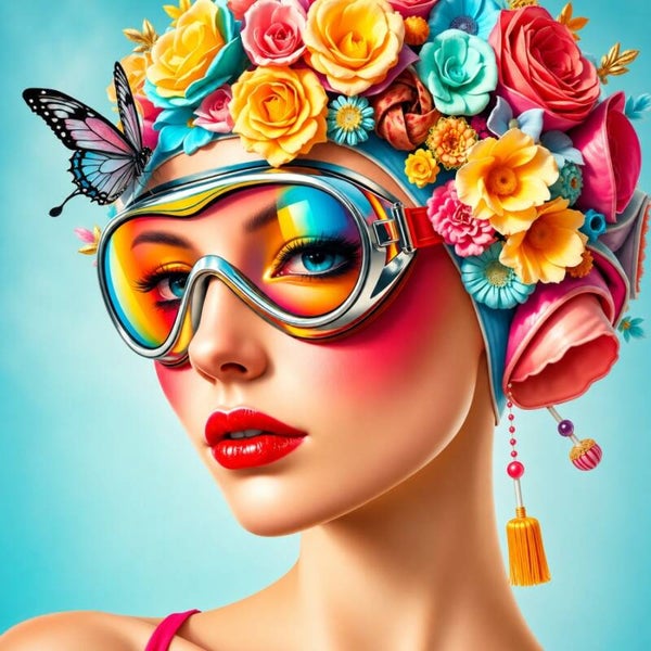 Candy Dive – Schilderij vrouw met bloemen en duikbril in regenboogkleuren