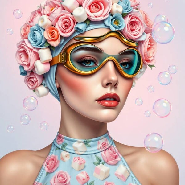 Bubble Bloom – Vrouw met gouden duikbril, bloemen en marshmallow badmuts