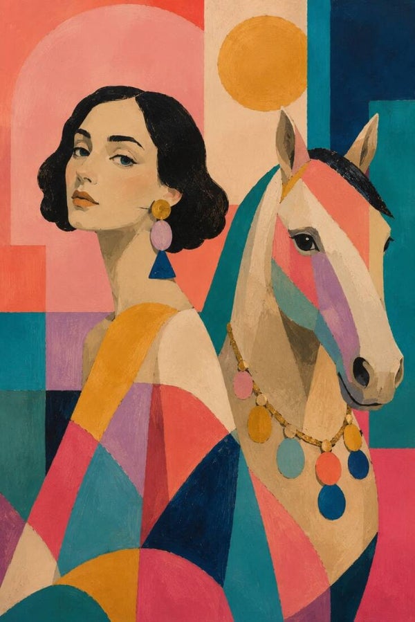 Kleurrijke Metgezel – schilderij vrouw met paard