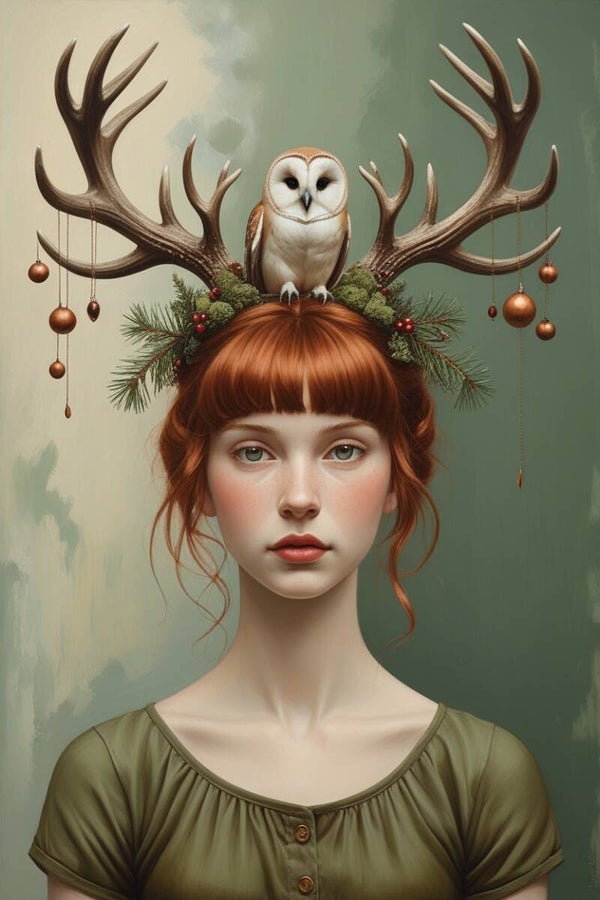Nachtwaker – schilderij van vrouw met uil, gewei en dennendecoratie