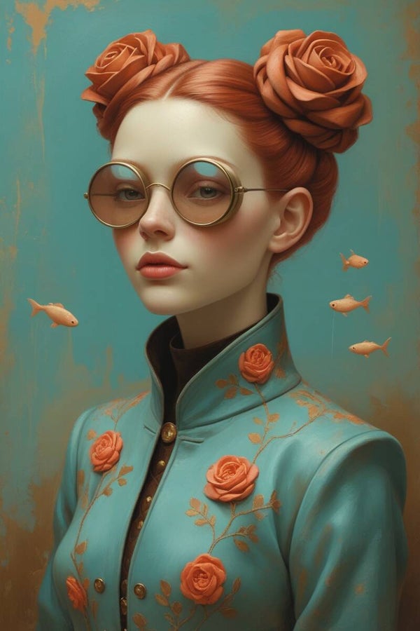 Vissenfluisteraar – portret schilderij in retro stijl met surrealistische bloemen