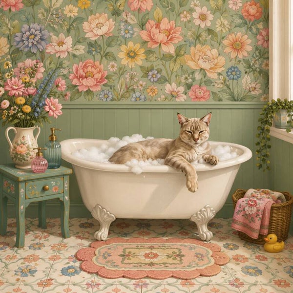Koninklijk Bad – landelijk schilderij kat badkuip vintage badkamer