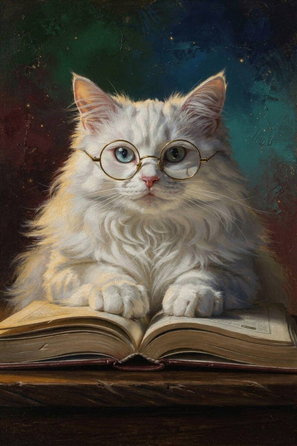 Professor Snorrenstein – schilderij van witte kat met bril lezend in een boek