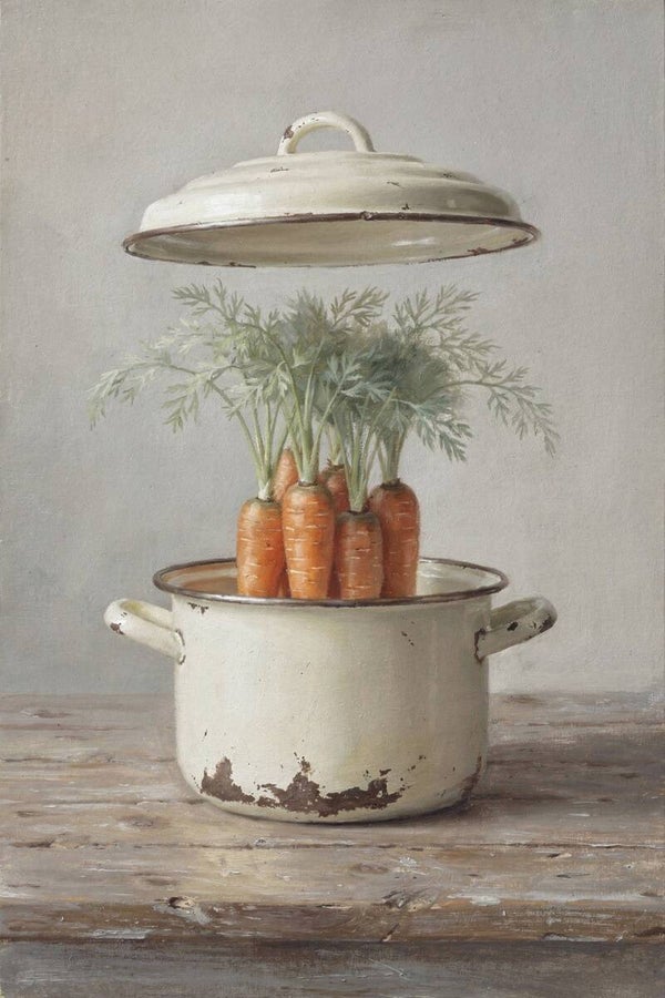 Wortelpan – Schilderij met wortels in vintage emaille pan