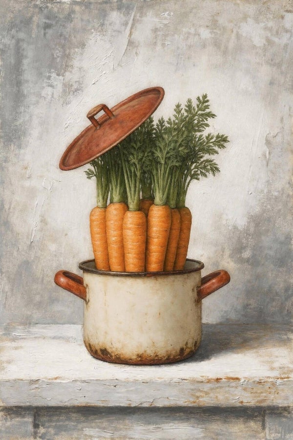 Oogst in de Pan – schilderij wortels in landelijke keukenstijl