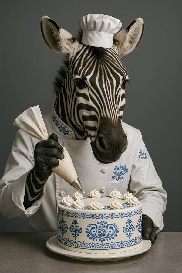 Kunstwerk zebra in koksjas met Delfts blauw taartmotief