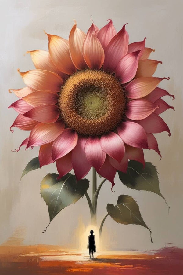 Zonneschaduw – abstract schilderij met vurige zonnebloem en silhouet