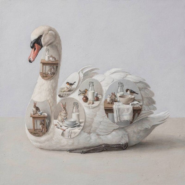 Binnenkamers van de Zwaan – schilderij met zwaan en verborgen landelijke taferelen