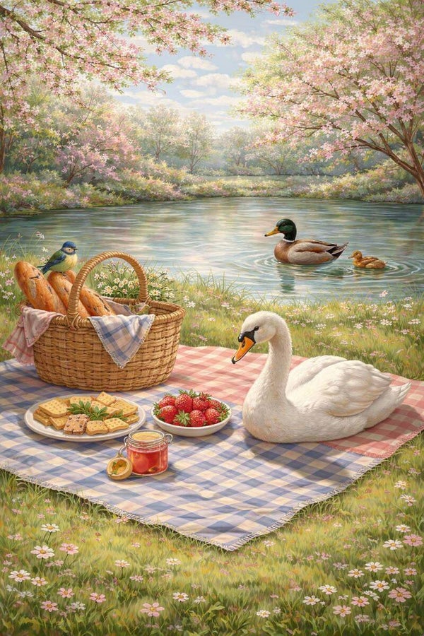 Picknick tussen Bloesem – schilderij zwaan picknick bloemen