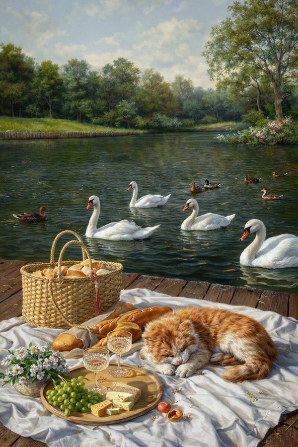 Zomerdagdroom aan het Water – schilderij zwaan meer picknick kat landelijk
