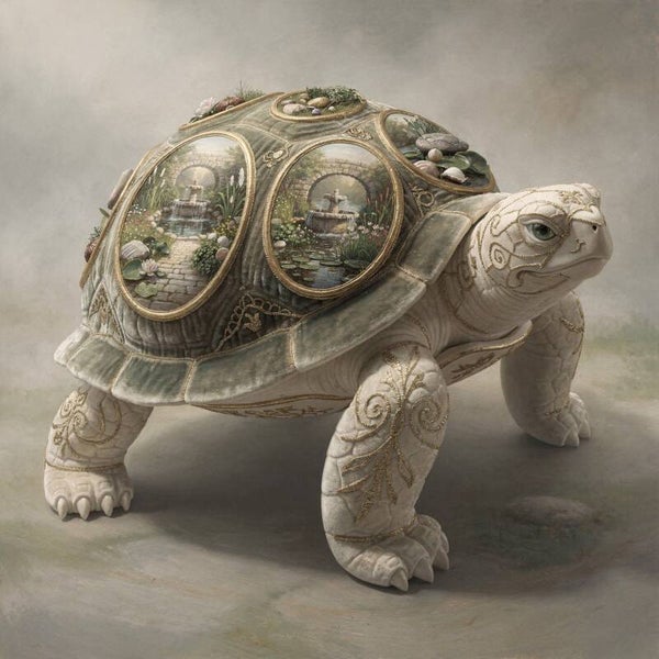 Tuin van de tijd – schildpad schilderij met klassieke ornamenten en serene natuur